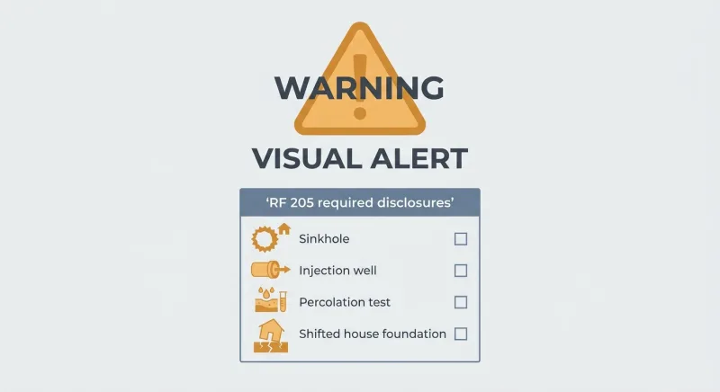Infographic showing RF 205 required disclosures for exempt Tennessee sellers including sinkholes and injection wells
