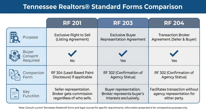 Side-by-side comparison chart of Tennessee forms RF 201, RF 203, and RF 204
