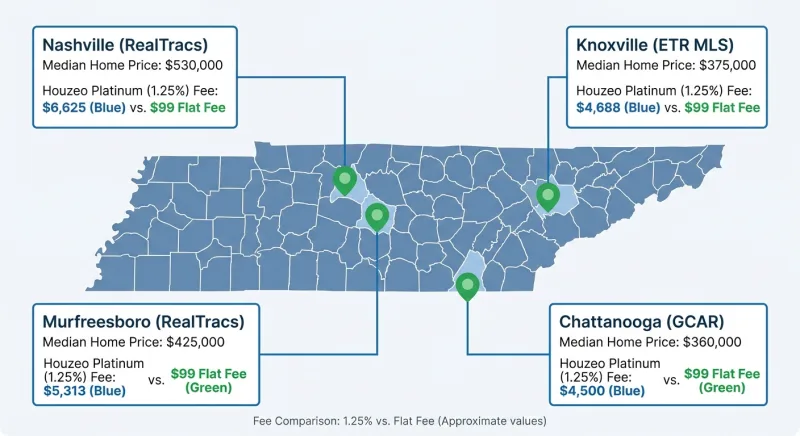 Tennessee map showing Houzeo closing fees versus a $99 flat fee for Nashville, Murfreesboro, Knoxville, and Chattanooga