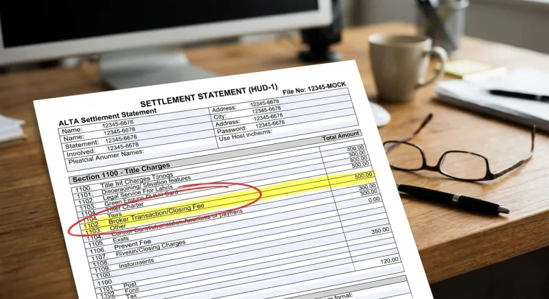 Mock settlement statement highlighting where a broker closing percentage fee appears on a Tennessee ALTA/HUD-1 form