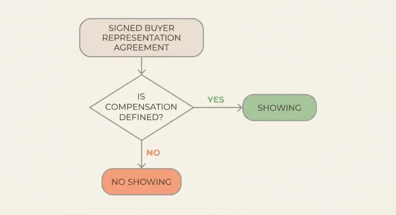 Flowchart showing how the 2024 NAR settlement determines whether a buyer's agent can show a FSBO home