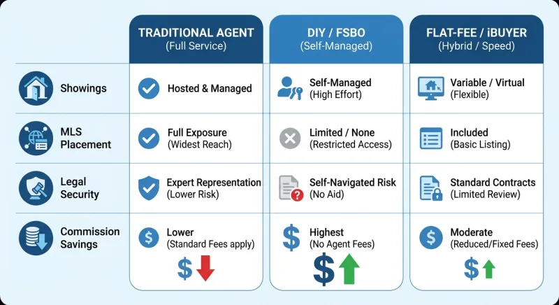 Comparison chart of pure FSBO, commission-offering FSBO, and flat-fee MLS listing options in Nashville