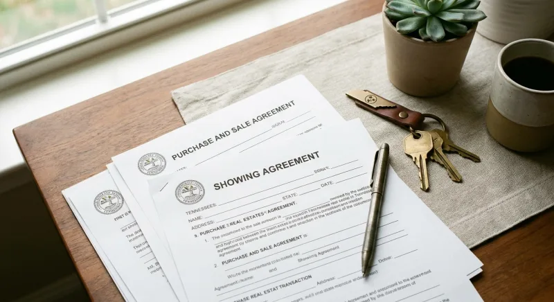 Tennessee REALTORS forms including showing and purchase agreements laid out on a desk for a FSBO transaction
