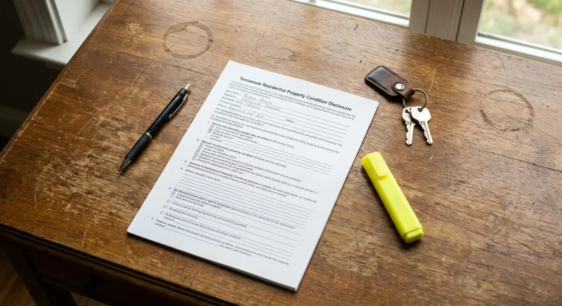 Tennessee residential property disclosure form on a desk with pen and house keys