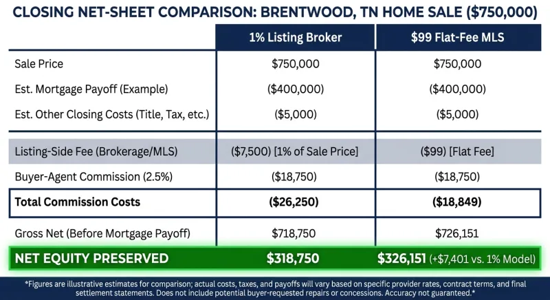 Side-by-side net sheet comparing 1% listing fee and $99 flat-fee MLS closing costs on a $750K Brentwood home
