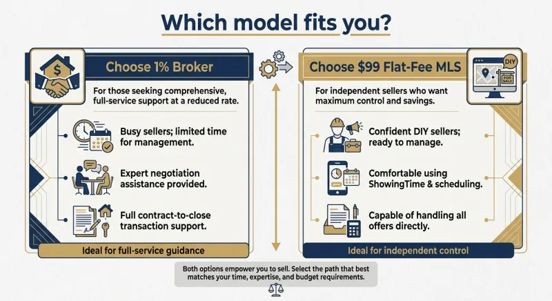 Decision guide comparing when to choose a 1% listing broker versus a $99 flat-fee MLS in Tennessee