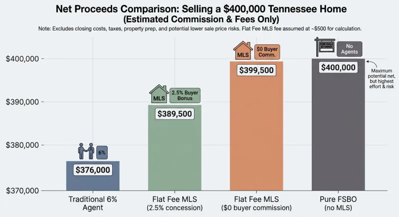 Bar chart comparing net proceeds on a $400,000 Tennessee home across traditional agent, pure FSBO, and two flat fee MLS scenarios