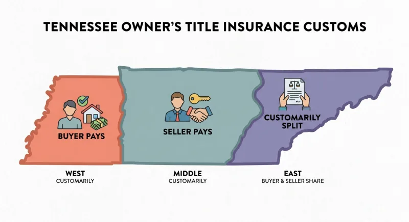 Map of Tennessee showing who customarily pays owner's title insurance in West, Middle, and East regions