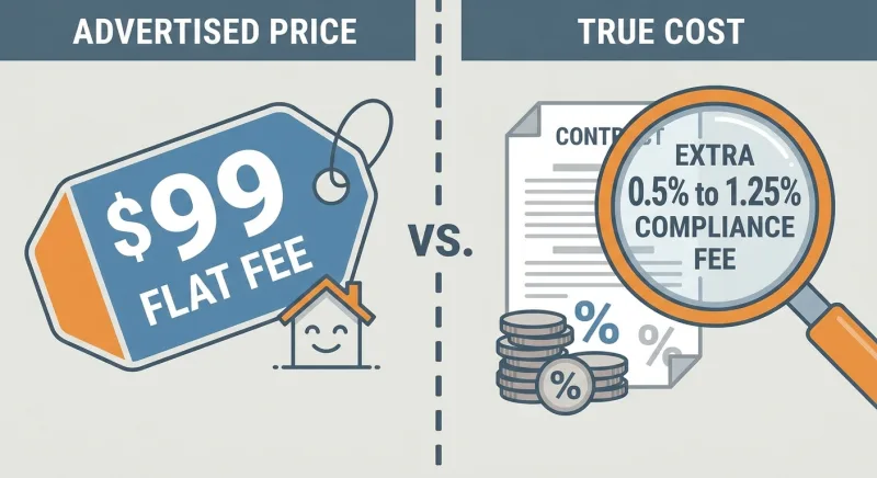 Illustration contrasting a $99 advertised flat fee with a hidden 0.5 to 1.25 percent closing compliance fee