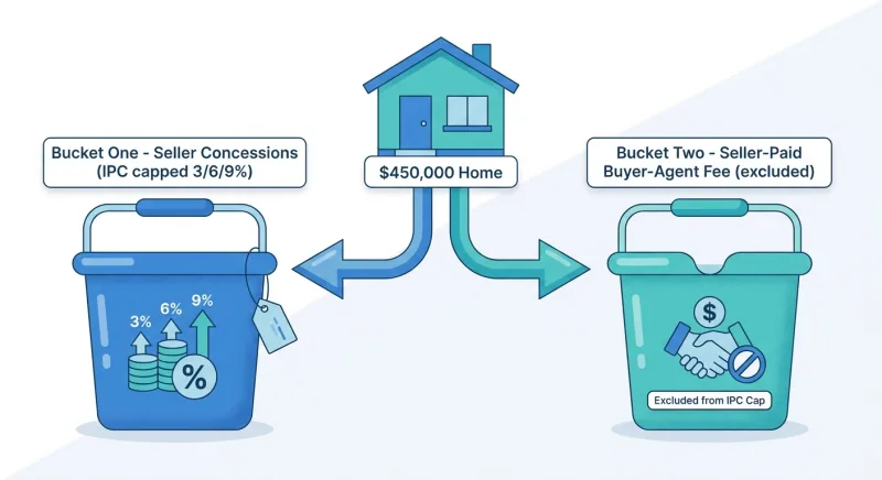 Double Bucket rule diagram showing seller-paid buyer-agent fee separate from IPC concession caps on a $450,000 Nashville home
