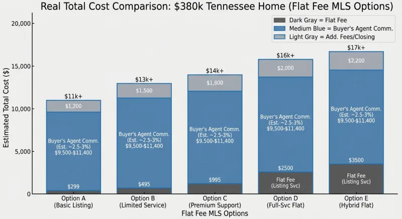 Bar chart comparing real flat fee MLS costs in Tennessee for Houzeo, HomeRise, ResultsMLS, ListWithFreedom and Beycome on a $380,000 home