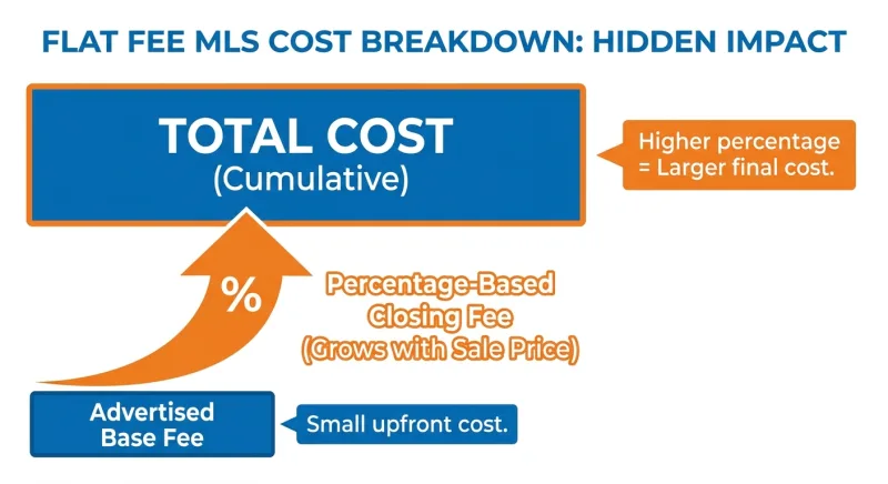Diagram showing how Houzeo's advertised flat fee grows with a percentage-based closing fee on a Tennessee home sale