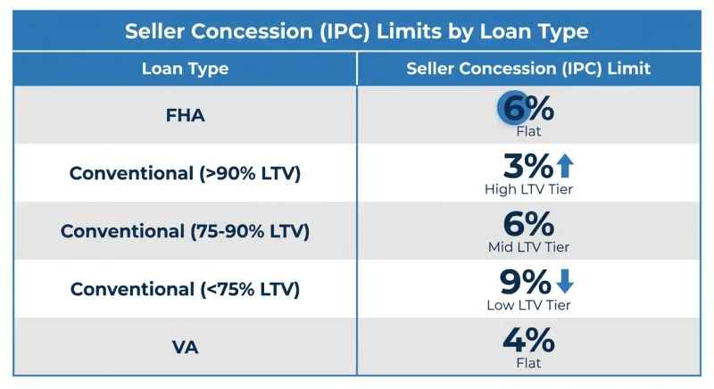 Table of 2026 seller concession limits: FHA 6 percent, conventional 3/6/9 percent by LTV, and VA 4 percent