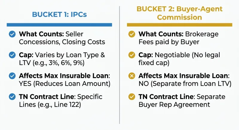 Comparison graphic contrasting IPC closing-cost concessions and buyer-agent commission across limits and Tennessee contract lines