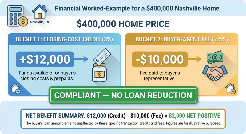 Worked example on a $400,000 Tennessee home: $12,000 closing-cost credit plus $10,000 buyer-agent fee, both compliant
