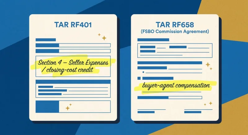Illustration showing closing-cost credit on TAR RF401 Section 4 and buyer-agent compensation on TAR RF658 form