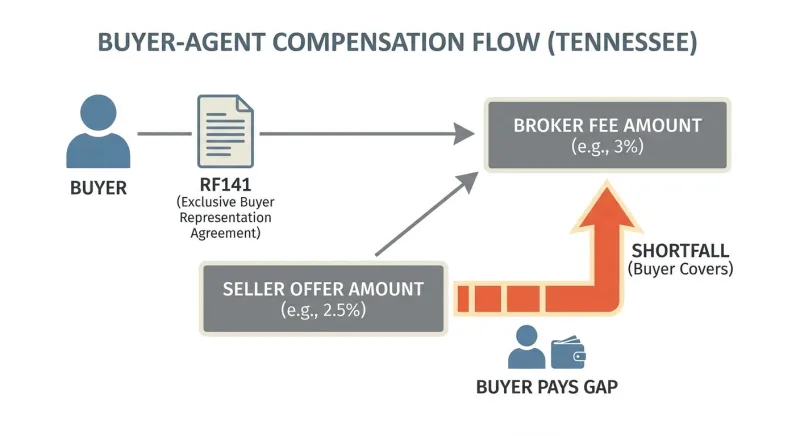 Diagram of the RF141 commission shortfall clause showing buyer liability for the gap between broker fee and seller offer