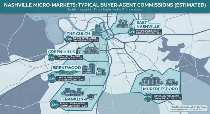 Infographic of typical 2026 buyer-agent commission rates across Nashville neighborhoods and suburbs