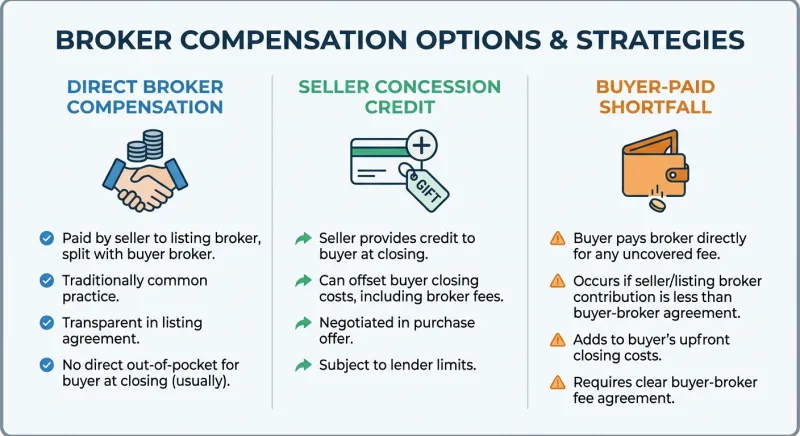 Comparison graphic of three FSBO options for handling a buyer agent commission in Nashville