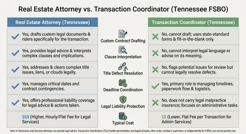 Comparison infographic of a Tennessee real estate attorney versus a transaction coordinator across scope and cost