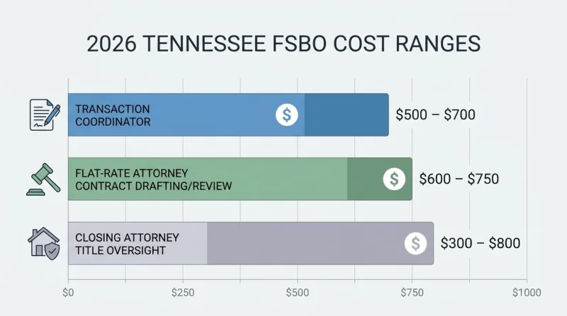 Bar chart of Tennessee FSBO costs for transaction coordinators, flat-rate attorneys, and closing attorneys in 2026