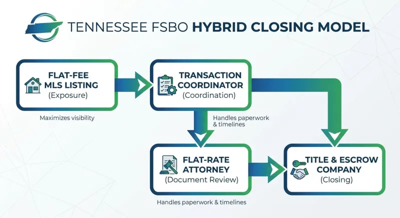 Diagram of a cost-efficient Tennessee FSBO hybrid model using MLS listing, transaction coordinator, attorney, and title company