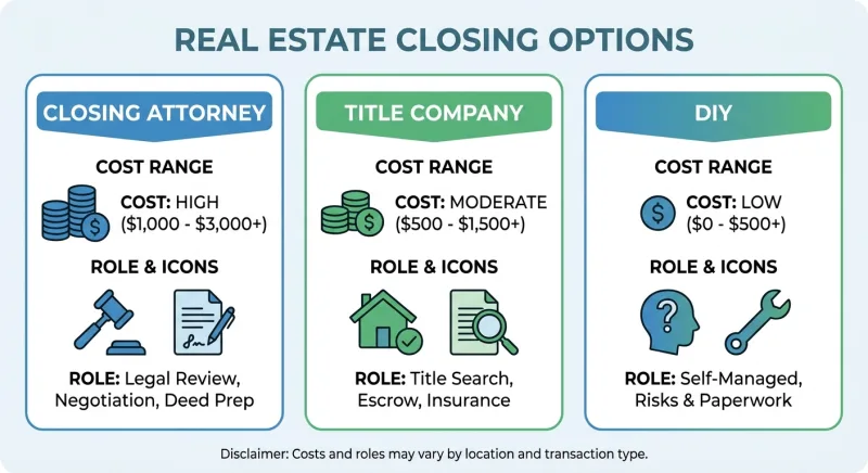 Comparison of closing attorney vs title company vs DIY costs and roles for Tennessee FSBO sales