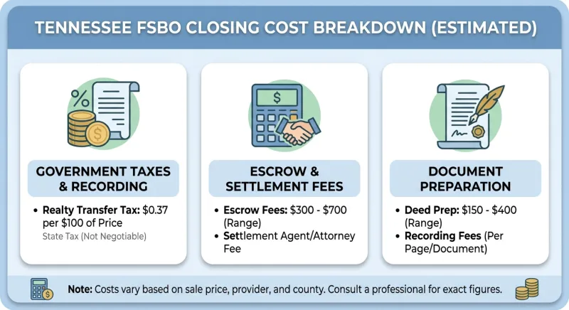 Breakdown of exact 2026 Tennessee FSBO closing costs including realty transfer tax and escrow fees