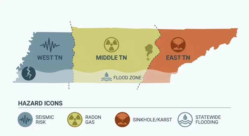 Map of Tennessee showing regional seller-disclosure hazards: East TN sinkholes, Middle TN radon, West TN seismic activity