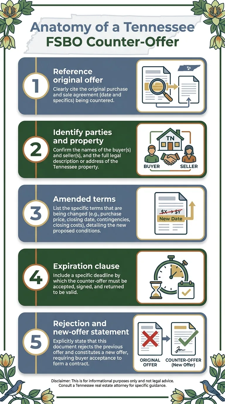 Infographic showing the five structural elements of a legally binding Tennessee FSBO counter-offer