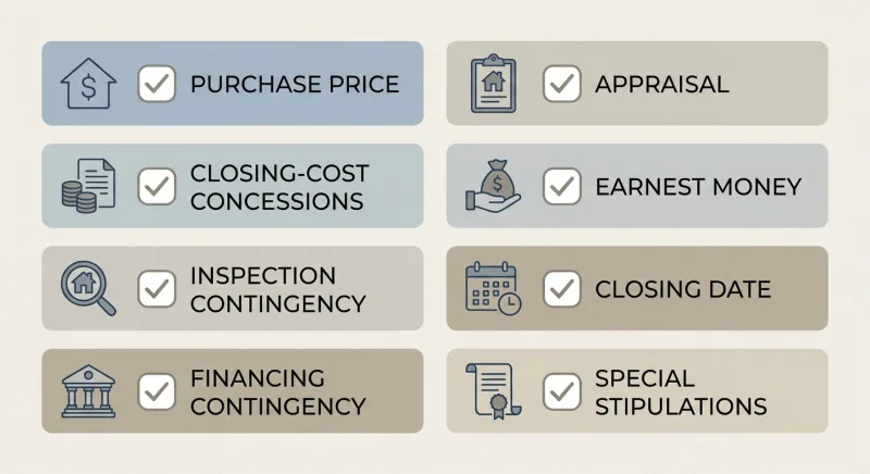 Checklist of negotiable terms in a Tennessee real estate counter-offer such as price, contingencies, and earnest money