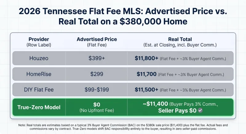 Comparison chart of Tennessee flat fee MLS advertised prices versus real closing totals on a $380,000 home