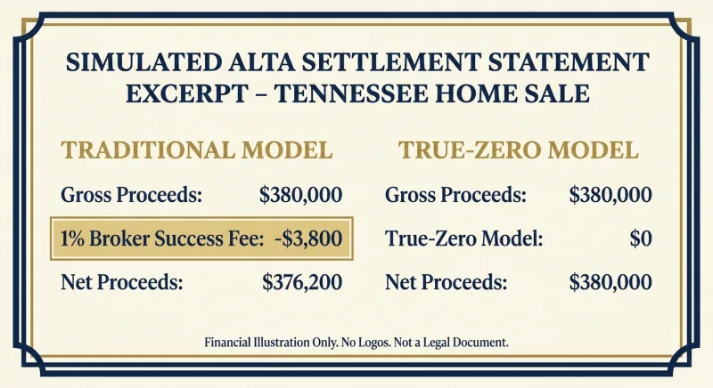 Simulated ALTA settlement statement comparing a $3,800 success fee against a zero-fee model on a $380,000 Tennessee home