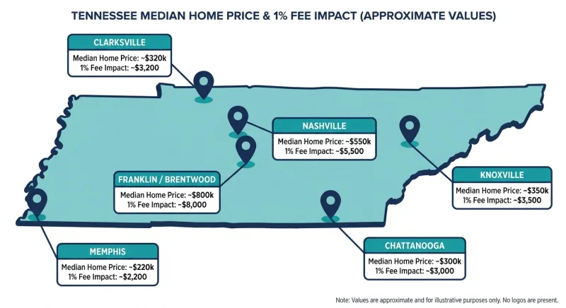Tennessee map showing how a 1% flat fee MLS success fee costs different dollar amounts by city