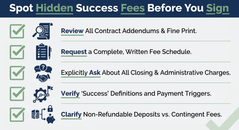 Checklist infographic for spotting hidden flat fee MLS success fees before signing a Tennessee listing agreement
