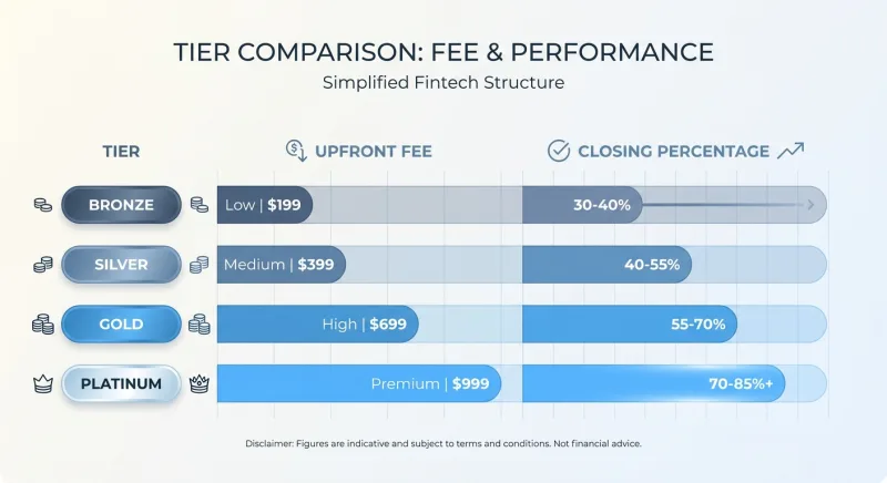 Comparison chart of Houzeo 2026 Bronze, Silver, Gold, and Platinum plan fees