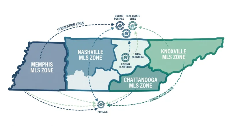 Map of Tennessee showing RealTracs, KAAR, MAAR, and Greater Chattanooga MLS coverage regions