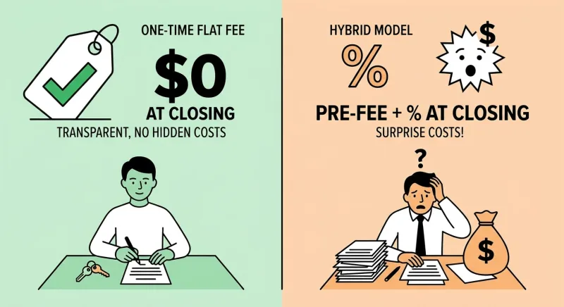 Side-by-side comparison of a true flat fee MLS versus Houzeo's hybrid commission model