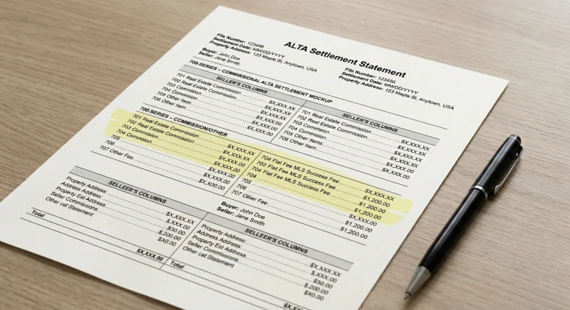 ALTA settlement statement showing a flat fee MLS escrow success fee in the 700-series broker commission section