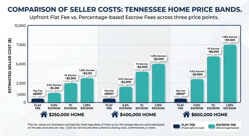 Bar chart comparing upfront flat fee versus 0.5 to 1.25 percent escrow fees on $250k, $400k and $600k Tennessee homes