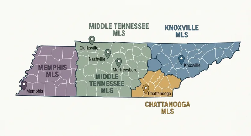 Map of Tennessee showing regional MLS coverage areas for Middle Tennessee, Memphis, Knoxville, and Chattanooga