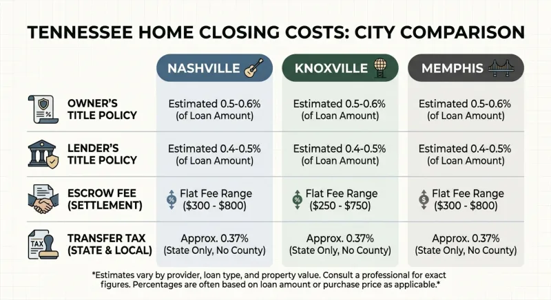 Infographic comparing who pays title insurance and escrow fees in Nashville, Knoxville, and Memphis