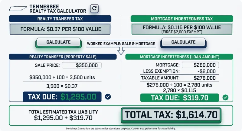 Infographic showing Tennessee transfer tax and mortgage tax formulas with worked example