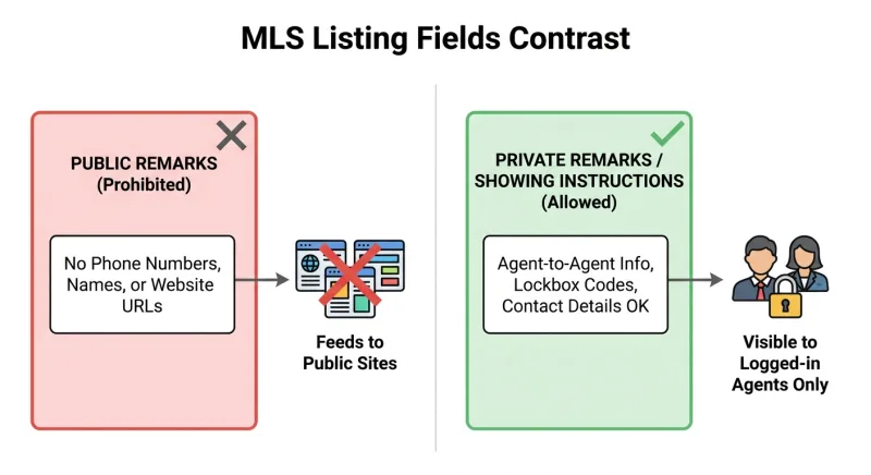 Diagram showing RealTracs Public Remarks compliance rules versus Private Remarks where seller contact info is allowed