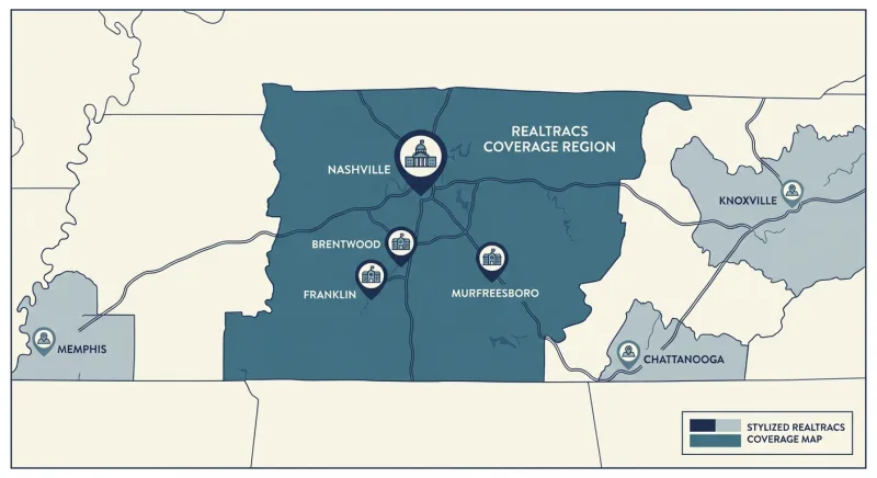 Map of RealTracs MLS coverage across Middle Tennessee including Nashville, Franklin, Murfreesboro and Brentwood