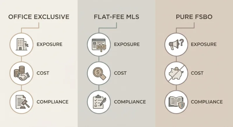 Comparison graphic of office exclusive, flat-fee MLS, and pure FSBO options for Tennessee sellers