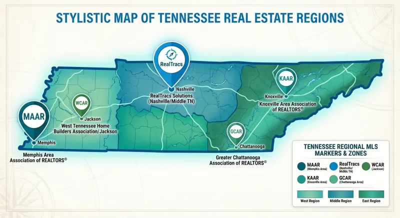 Map of Tennessee showing regional MLS boards RealTracs, MAAR, KAAR, GCAR, and WCAR by metro area