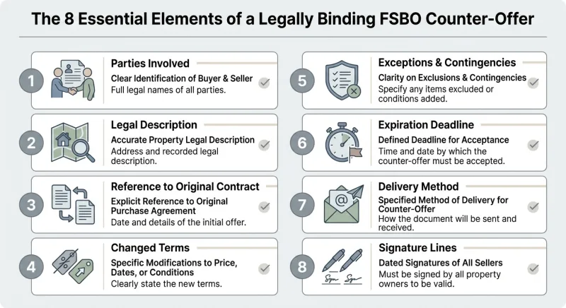 Infographic checklist showing the eight essential elements of a legally binding Tennessee FSBO counter-offer