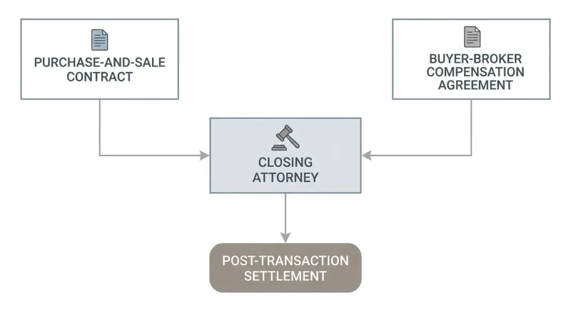 Diagram showing buyer-broker compensation handled separately from the FSBO purchase contract after the NAR settlement