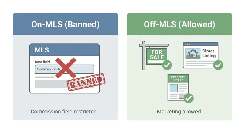 Comparison diagram showing what is banned on the MLS versus allowed off the MLS for buyer-agent commission in Tennessee